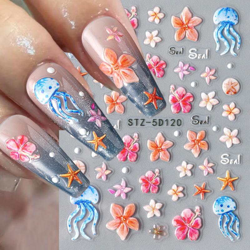 3D Summer Ocean Nail Stickers Beach Themed Begonia Flower Shell Starfish Jellyfish Plumeria Nail Art Decorations For Women Girls