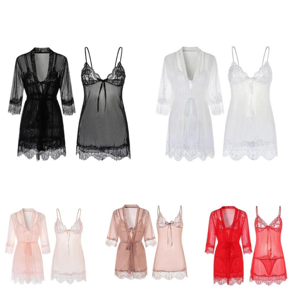 Backless Lace Suspender Nightdress Transparent Sleepwear Robe Set Sweet Mesh Sling Nightgown Gift