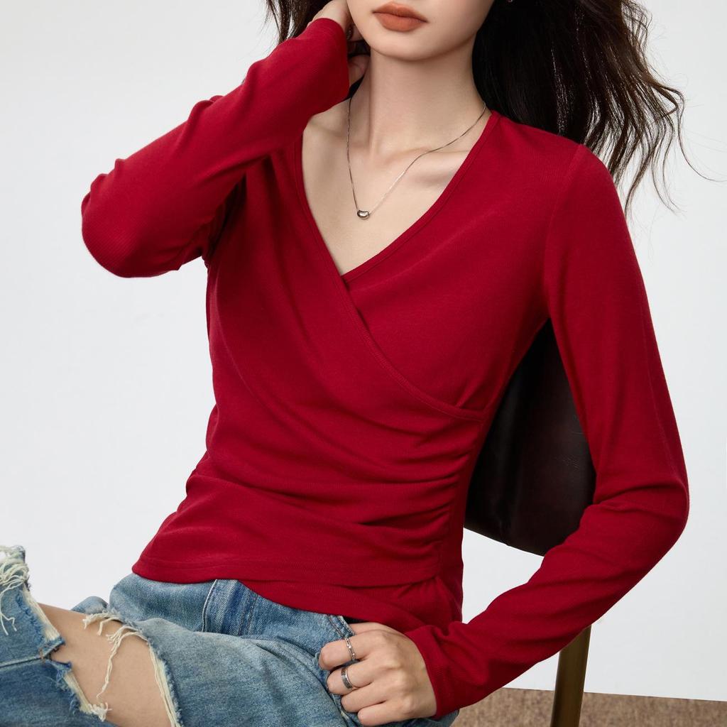 Yuke 260g Pleated Waist-Slimming V-Neck Long Sleeve T-Shirt – Women's Autumn Fashion