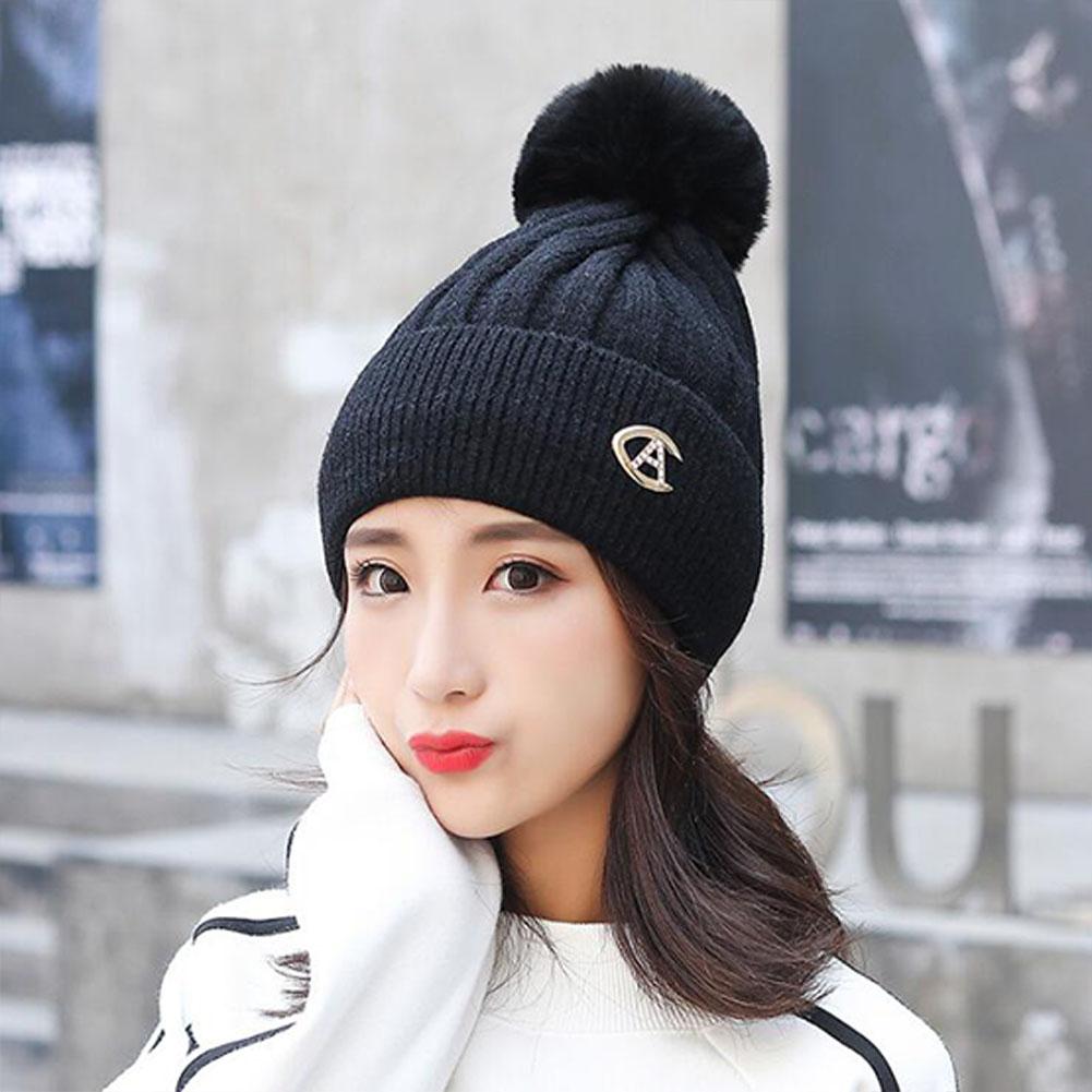 Winter Lady Fashion Thicken Beanie Knitting Wool Ball Solid Color Warm Hat Bonnet