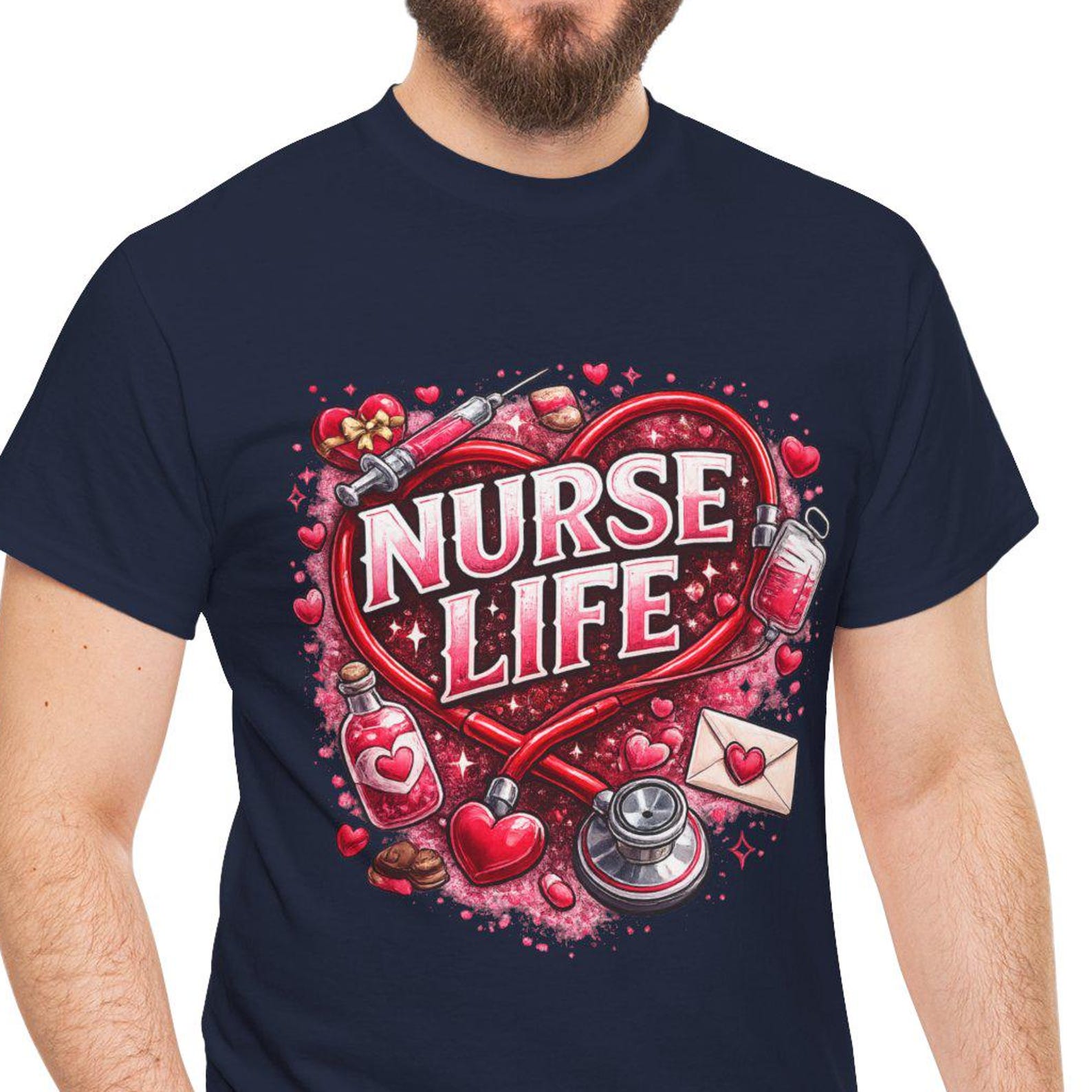 Nurse Life heart design T-Shirt | Nursing stethoscope syringe hearts 2XL