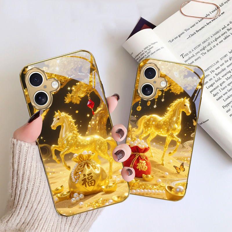 The Golden Lucky Horse For iPhone 17 Pro Max 16 16E 15 14 13 Plus 12 Mini 11 15Pro 17 Air XR X 17ProMax Golden Glass Phone Case