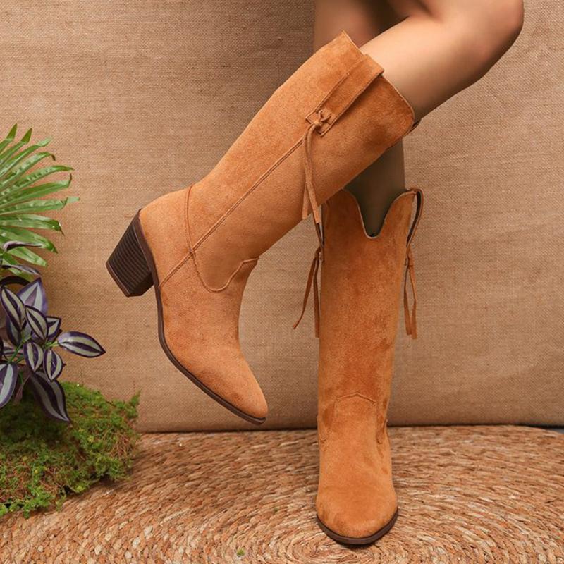 Fashion Fleece Thicken Warm Boots Women Winter 2025 Retro Slip On Faux Suede Mid Calf for Woman Pointed Toe High Heel Botas Mujer