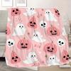Cozy Pink Pumpkin Skull Print Flannel Throw Blanket - Soft, Durable & Versatile for Travel, Sofa, Bed, Office Decor