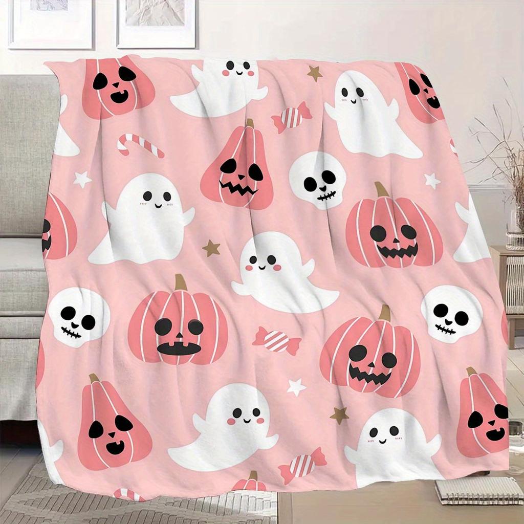 Cozy Pink Pumpkin Skull Print Flannel Throw Blanket - Soft, Durable & Versatile for Travel, Sofa, Bed, Office Decor