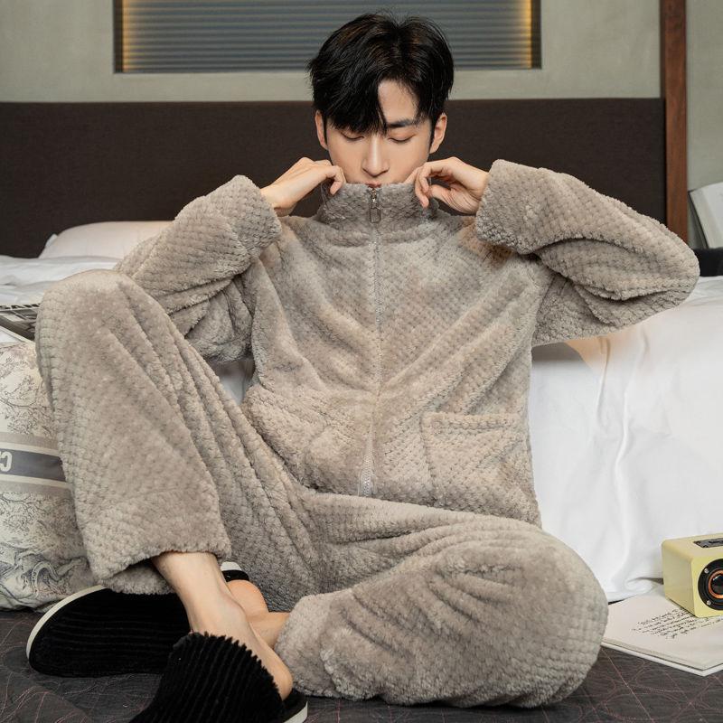 Men's Pajamas Winter Flannel Thickened Plus Velvet Homewear Autumn And Winter Days Warm Coral Fleece Zipper Style Two-piece Set