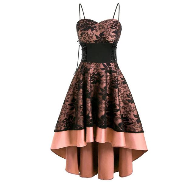 Damen Vintage Hochwertiges Trägerkleid Bandage Schnürung High Low Kleid Partykleid fashionpoint
