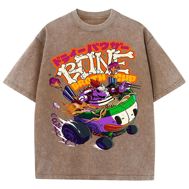 T-shirt with Skull Animal Print In Bowl Noodles Men's and Women's water-Wash Retro  T-shirt Casual Loose Top T Shirt