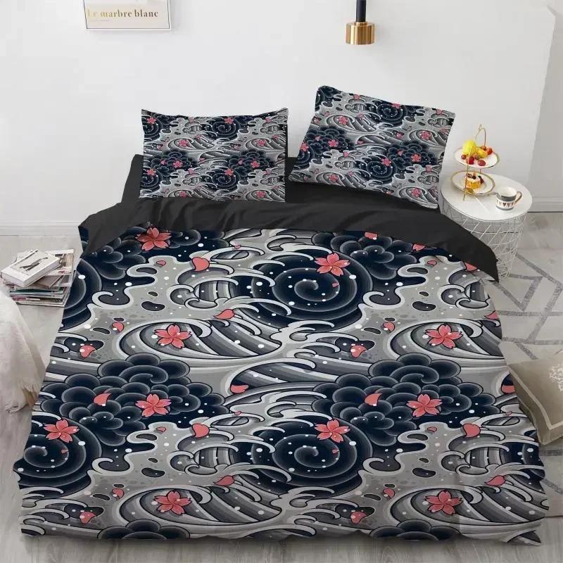 Wave Duvet Cover Set Hokusai Pattern Japanese Ukiyoe Quilt Cover Oriental Sketch Style Ocean Queen Twin Polyester Bedding Set