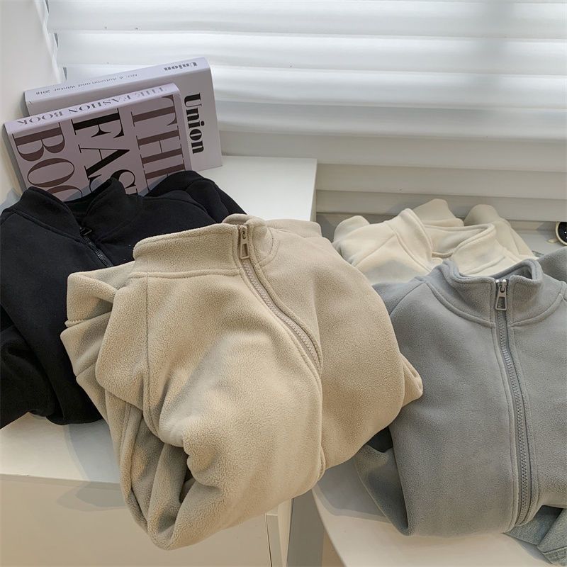 Doppelseitige, warme Sweatshirtjacke aus Samt mit Stehkragen und Reißverschluss für Damen im Herbst und Winter sowie lockere Strickjacke aus Polarfleece aus Samt