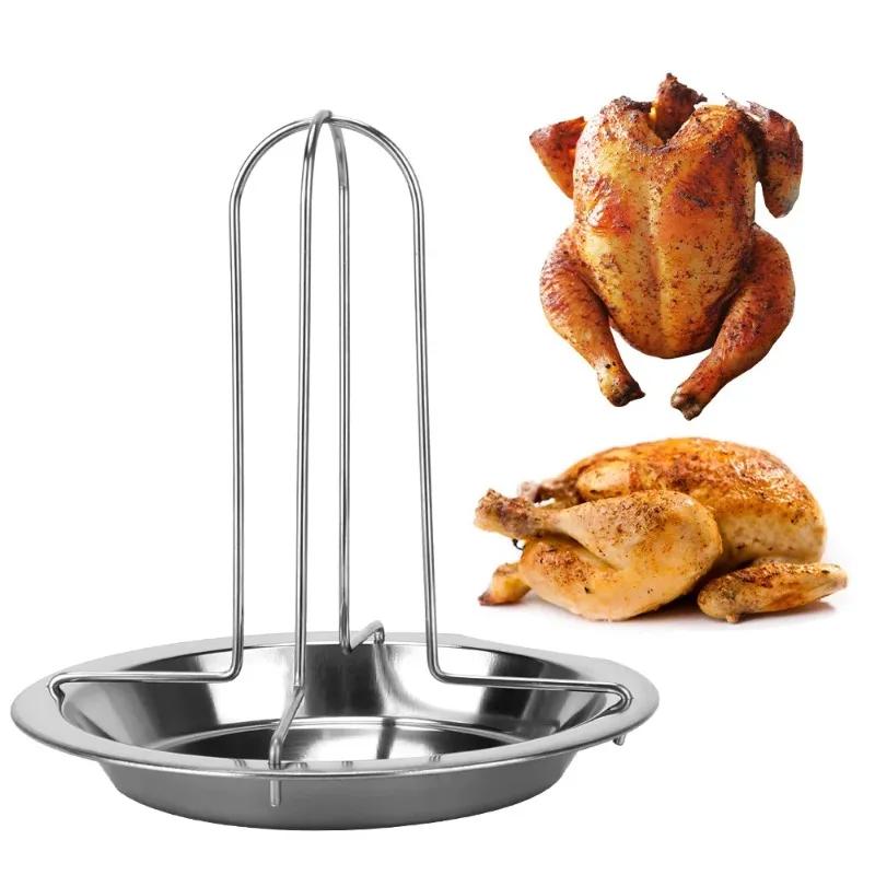Outdoor Camping Chicken Roaster Rack Thickened Carbon Steel BBQ Grill Stand Non Stick Roast Chicken Holder Pan