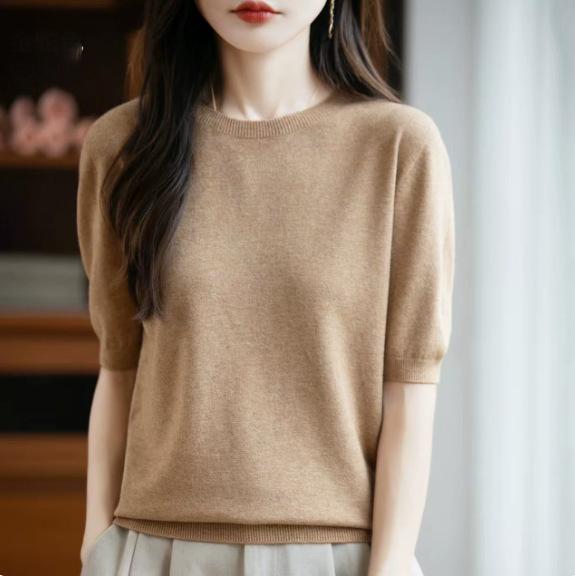 Spring Autumn Women Sweater O-Neck Cashmere Pullover Basic Short Sleeve Clothing Comfort Top Casual Solid