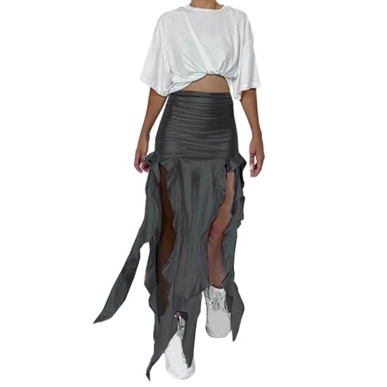 Sexy Women Maxi Skirt High Waist Ruffle Trim Tassel Long Skirt Asymmetric Slim Fit Irregular Skirt Fishtail Skirt