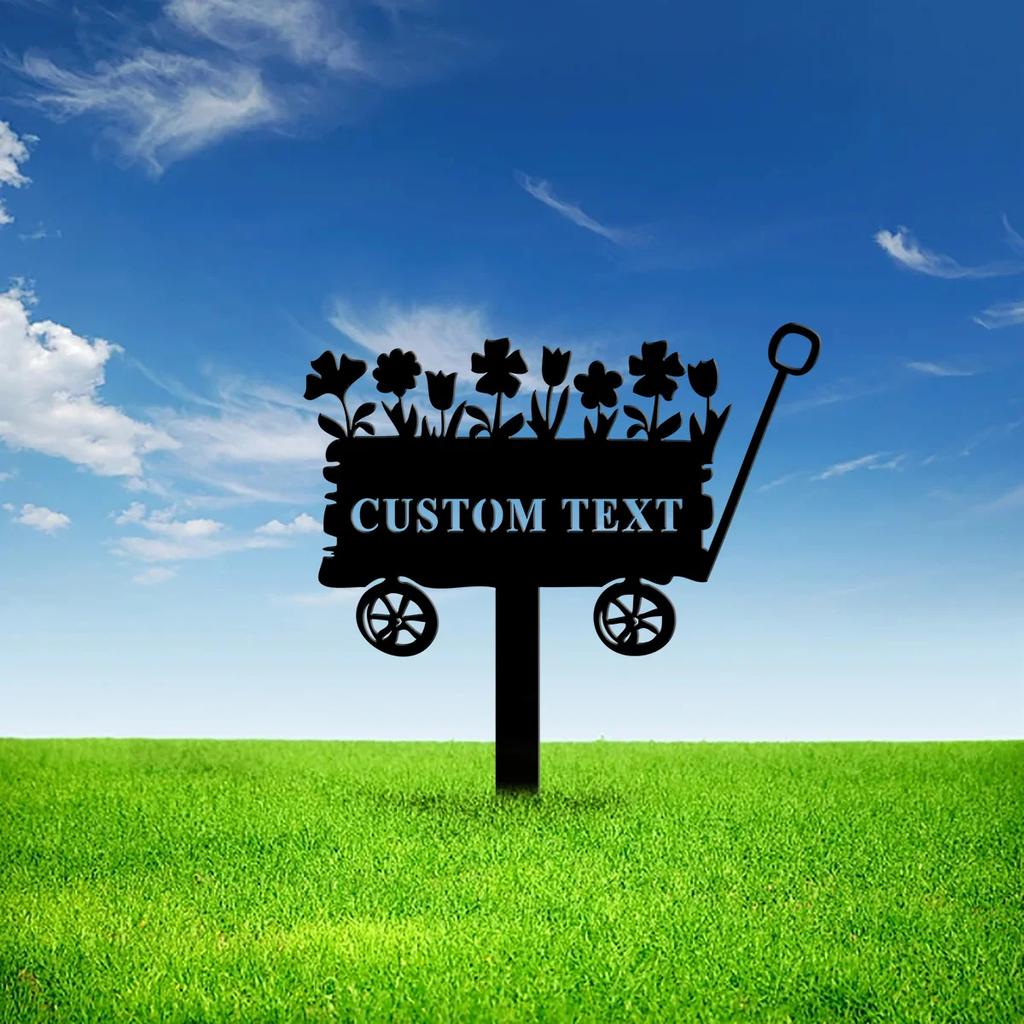 Metal Garden Stake Flower Cart Sign, Rustic Iron Floral Wheelbarrow Decor, Outdoor Plant Bed Marker, Gardening Gift Yard Art