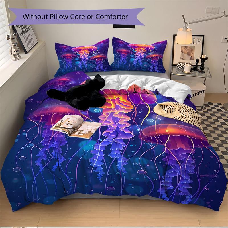 3pcs Colorful Jellyfish Bedding Set - Includes One Quilt Cover and Two Pillowcases (No Core) - Anime Cartoon Design for Bedroom Decor - Poly