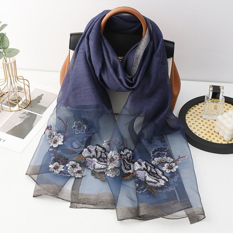 Four Season Silk Wool Scarf Women Hijab Pashmina Shawls Wrap Bandana Blanket Floral Pashmina Embroidery Scarves Foulard Femme