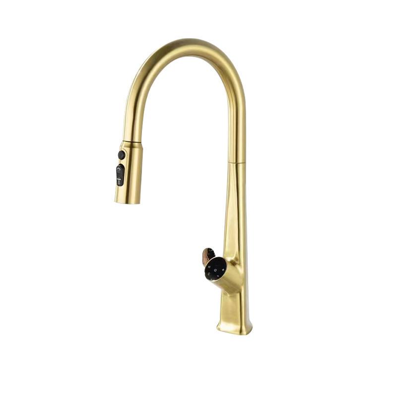 Brass Pull Out Kitchen Sink Faucet Temperature Display Push Switch Hot And Cold Mixer Water Faucet Multifunction Sink Tap