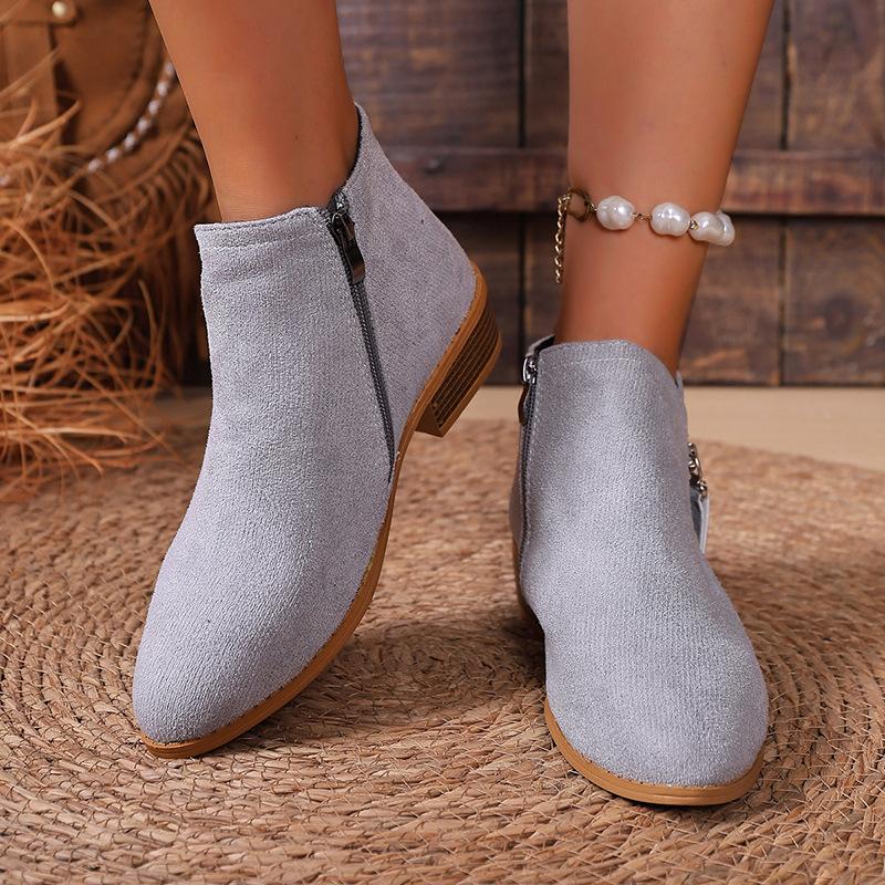 Modische Spitze Dicke Ferse Damen Stiefeletten Wildleder Seitenreißverschluss Hohe Absätze Übergroße Kurze Stiefel Einfarbige Freizeitschuhe