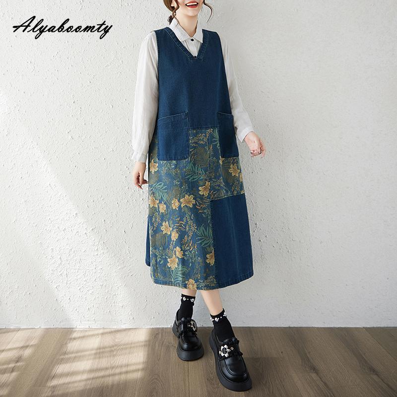 

Корейская мода больших размеров осень весна женский джинсовый сарафан V-образный вырез цветочный принт пэчворк оверсайз без рукавов платье повседневное свободное мешковатое платье-майка XXL синий