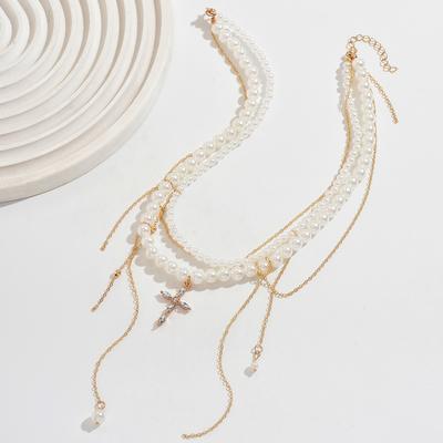 European and American Retro Multi-layer Fringed Cross Necklace, Personality Trend Sweet and Cool Ins Imitation Pearl Choker Collarbone Chain