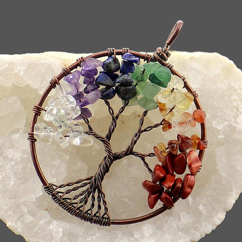 Crystal Chakra 7 Colour Stone Pendant Tree of Life Shape Natural Charm Pendants Antique Bronze Plated Crystal, Rhinestone CN;GUA