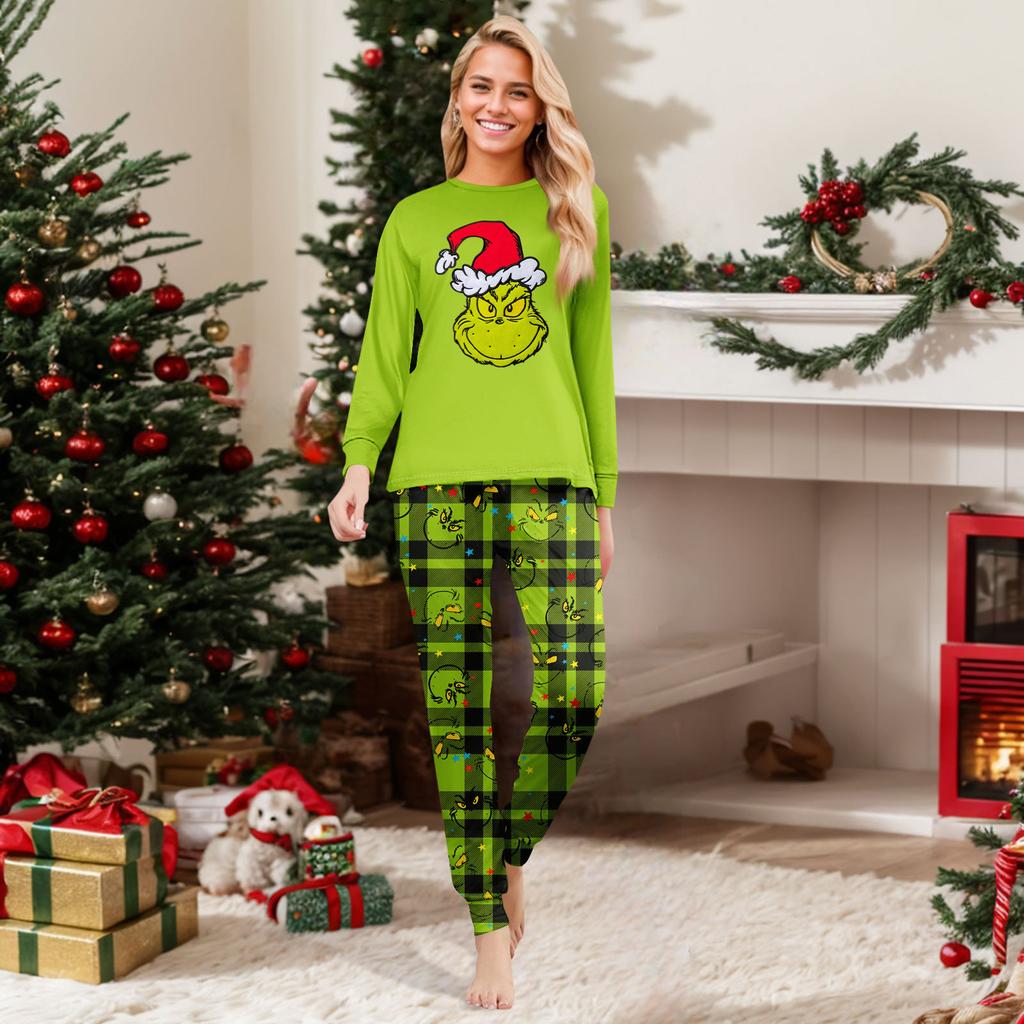 Family Matching Christmas Print Pajama Set Long Sleeve Round Neck Top and Pants Loungewear