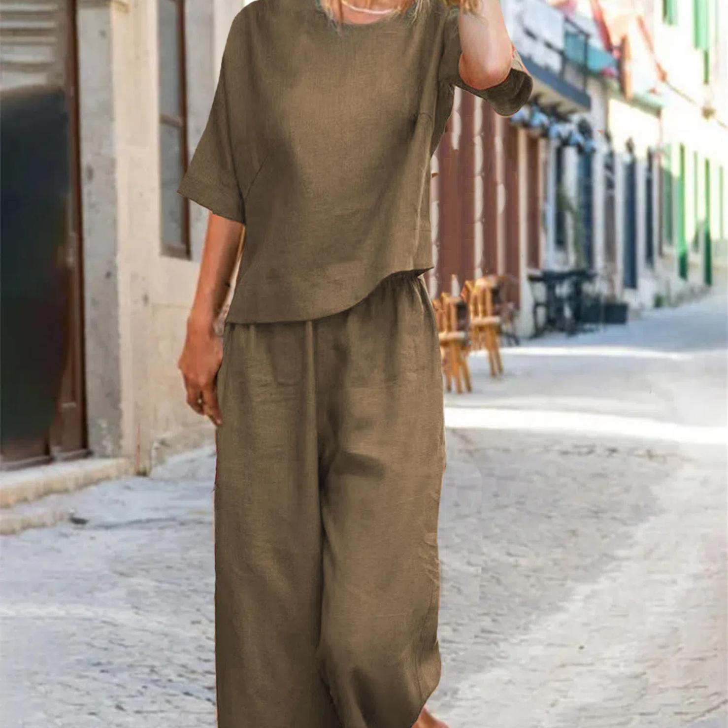 

Однотонна повсякденна футболка з круглим вирізом і широкі брюки з двох частин, жіночий одяг 4XL хакі