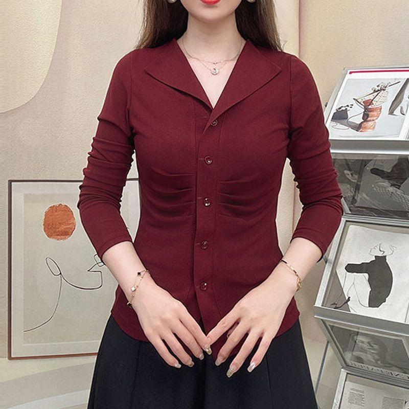 

Модная футболка с длинным рукавом для женщин Весна Осень Новая Базовая Плиссированная Универсальная Рубашка Топ S красный