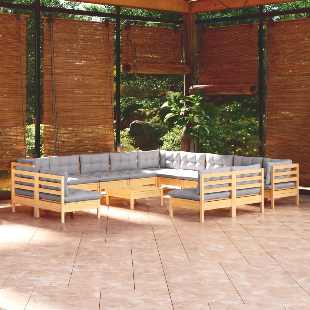 14 Piece Garden Lounge Set with Grey Cushions Solid Pine Wood