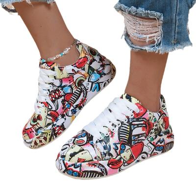 Fashion Painted Graffiti Sports Women's Shoes 2023 Spring New Women's Outwear Lace Up Comfortable Thick Sole White Shoes