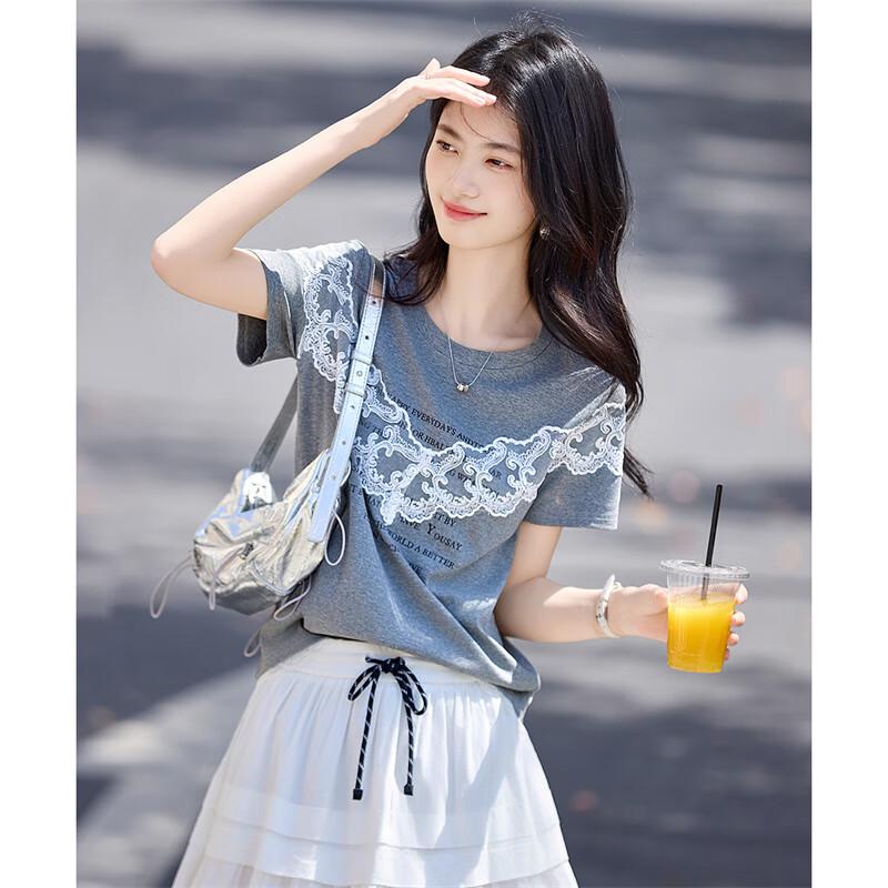 Women s Lace-Trimmed Letter Print Cotton Blend T-Shirt S