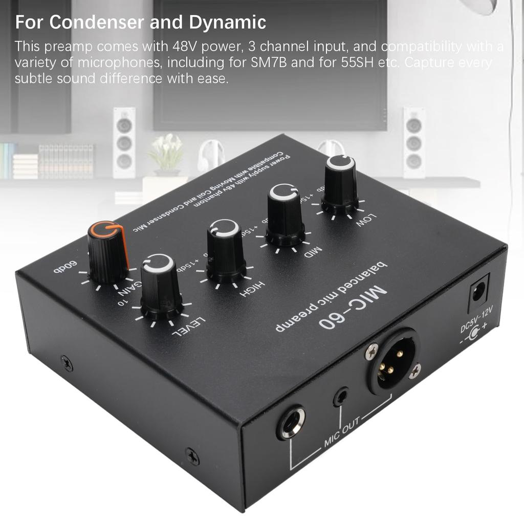 Microphone Home Audio Power Amplifier with 3 60dB Gain and 48V Phantom Small Stereo Audio Preamp for Dynamic and Condenser Microphones Sound