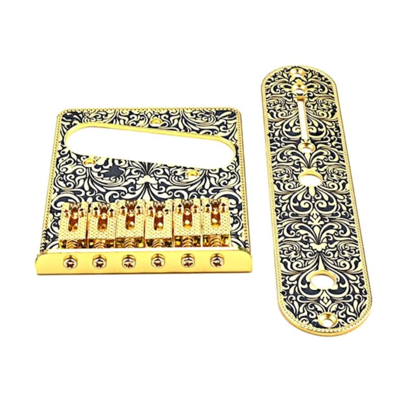 Vintage Carved Pattern Guitar Roller 6-Saddle Bridge and 3-Way Switch Control Plate Set for 6 String Electric Guitars