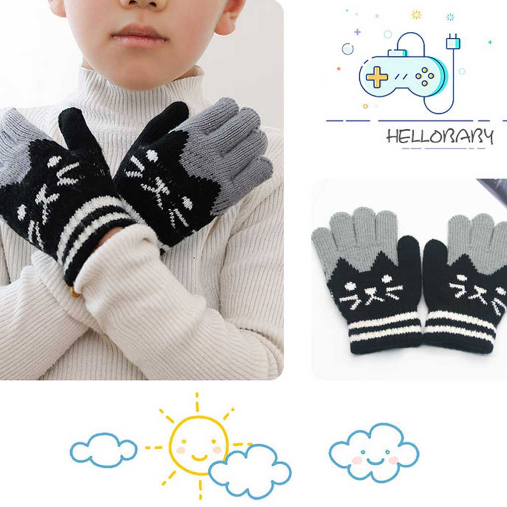 2 Pairs Kids Gloves Full-finger Cartoon Infants Winter Autumn Outdoor Sports Skating Cycling Riding Warm Knitted Mittens
