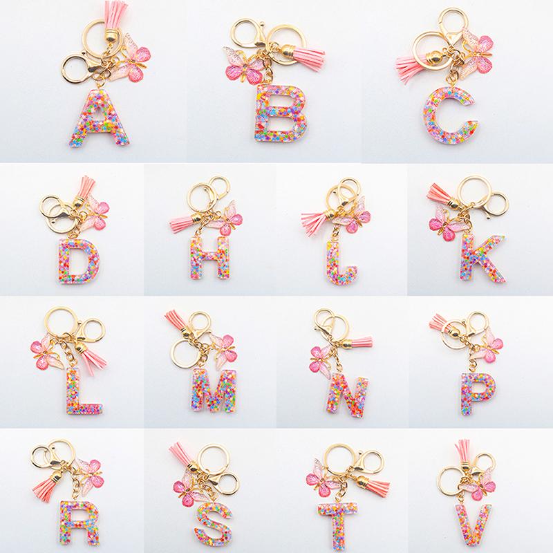 A-Z 26 Letter Pendant Keychain Tassel Butterfly Charms Keyrings Women Bag Ornaments Car Keychain Pendant