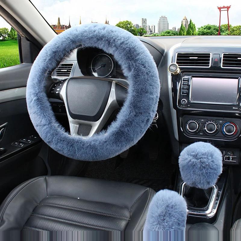 3Pcs/set Solid Soft Warm Long Wool Fuzzy Steering Wheel Cover Woolen Handbrake Car Accessory Sheep Fur Plush Protector Cover Kit