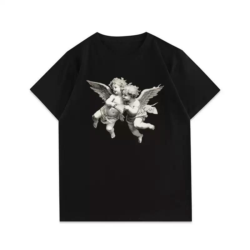 Herren Schwarzes Baumwoll-T-Shirt Vintage Kunst Putte Engel Print Locker Streetwear Kurzarm-T-Shirt