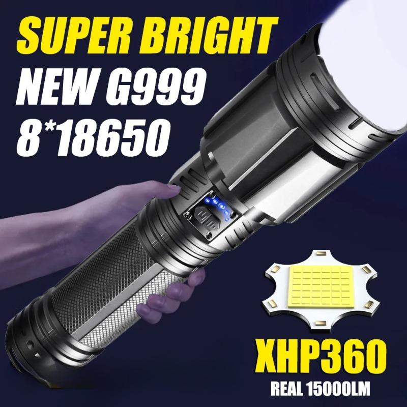 15000LM XHP360 Hochleistungs-LED-Taschenlampe Leistungsstarke Taschenlampe Wiederaufladbar Super Große Reichweite Outdoor Notfall Camping Laterne