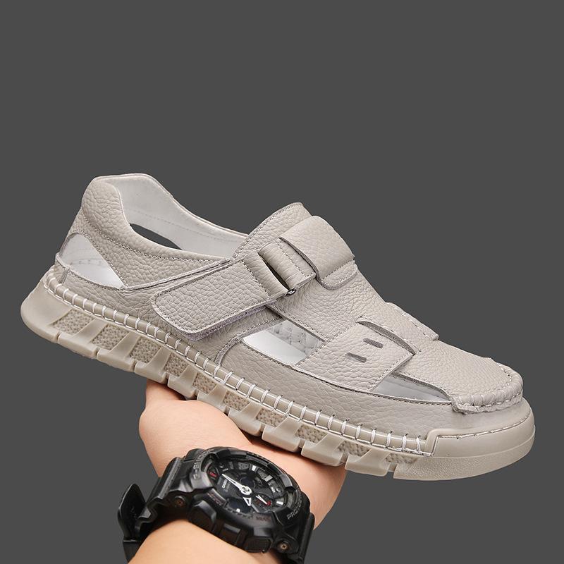 Men's shoes 2025 summer new men's hollow breathable deodorant feet leather Velcro outdoor casual bag head sandals