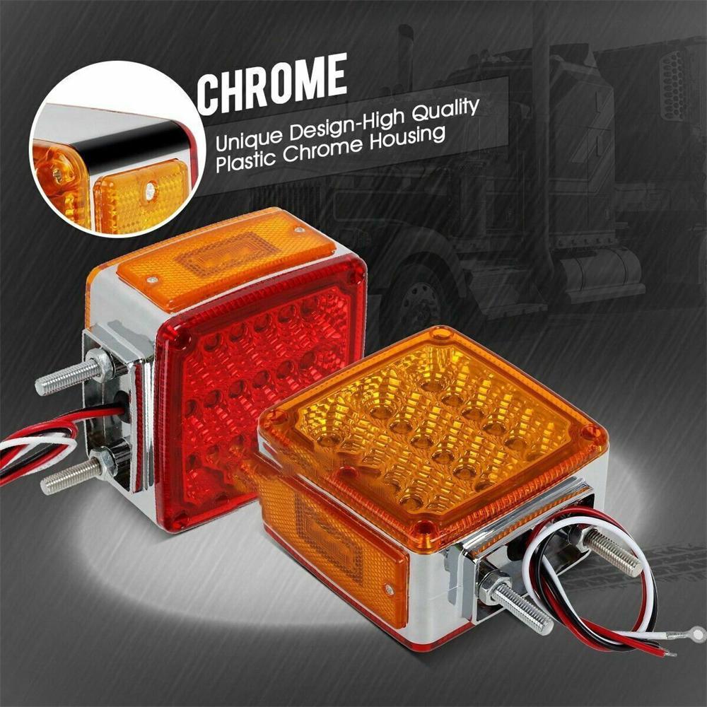 2PCS Turn Signal Light 39LED Red Amber Square Dual Face Stud Mount Pedestal Fender Truck Trailer Side Marker Rear Tail Lights