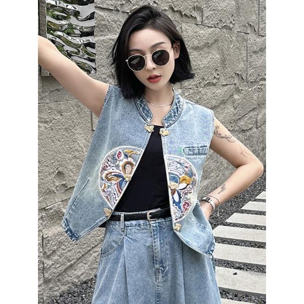 Summer Women's Embroidery Denim Vest, Bohemian Style Sleeveless Jean Jacket