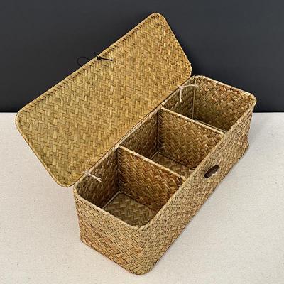 Japanese-Style Seagrass Storage Basket with Lid and Compartments