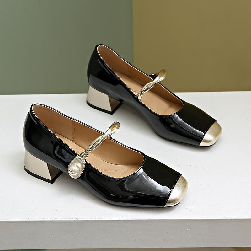

Medium heel single shoes women s autumn new square head Mary Jane women s shoes versatile thick heels 35 чёрный