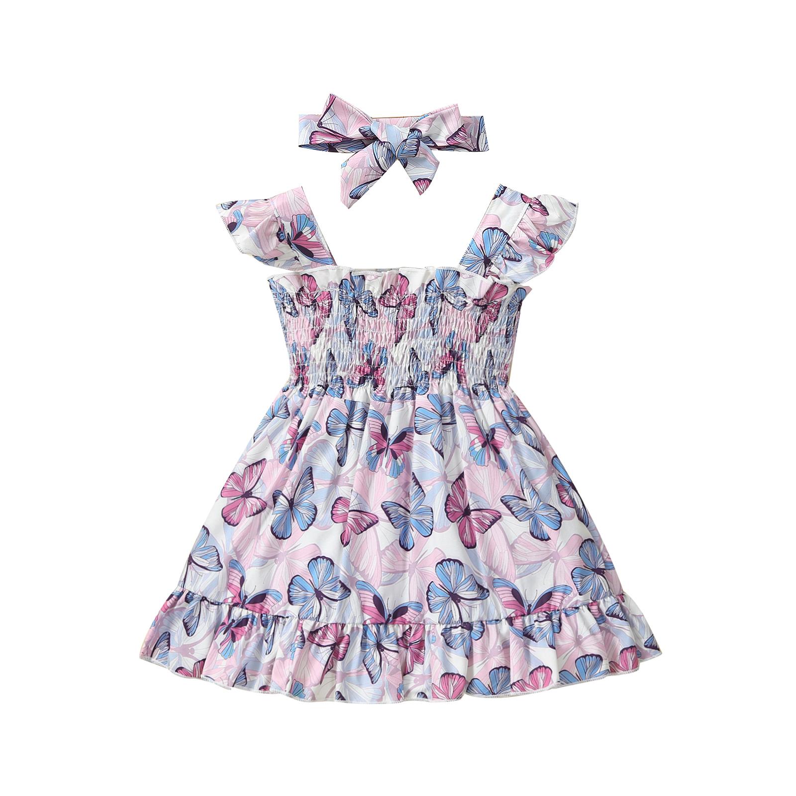 

Комплект из 2 предметов: очаровательное платье с принтом бабочек и повязка на голову с бантом для девочек, летняя одежда для новорожденных 2023 года 3-6M фиолетовый