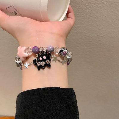 Černá kočka srdce pentagram hvězda korálky náramek pro ženy estetické sladké cool moderní šperky korejský dárek
