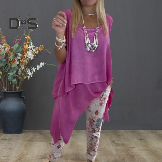 Dames 2-delt loungesett Ermeløs asymmetrisk kant tanktopp Blomsterprintede joggebukser Sett Casual løst antrekk for vår sommer