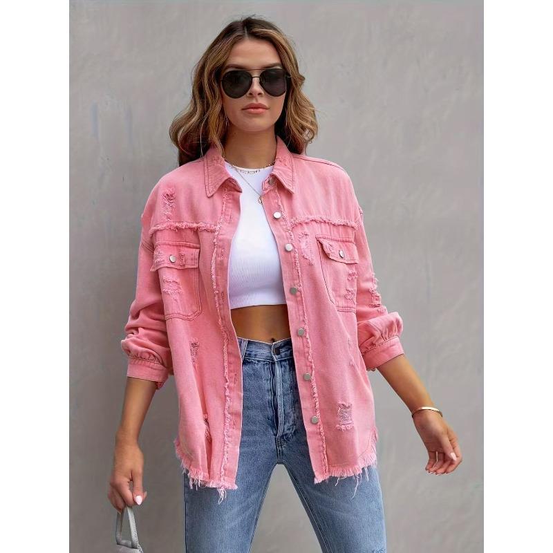 

New solid color medium and long ripped long-sleeved denim jacket style jacket women 2XL