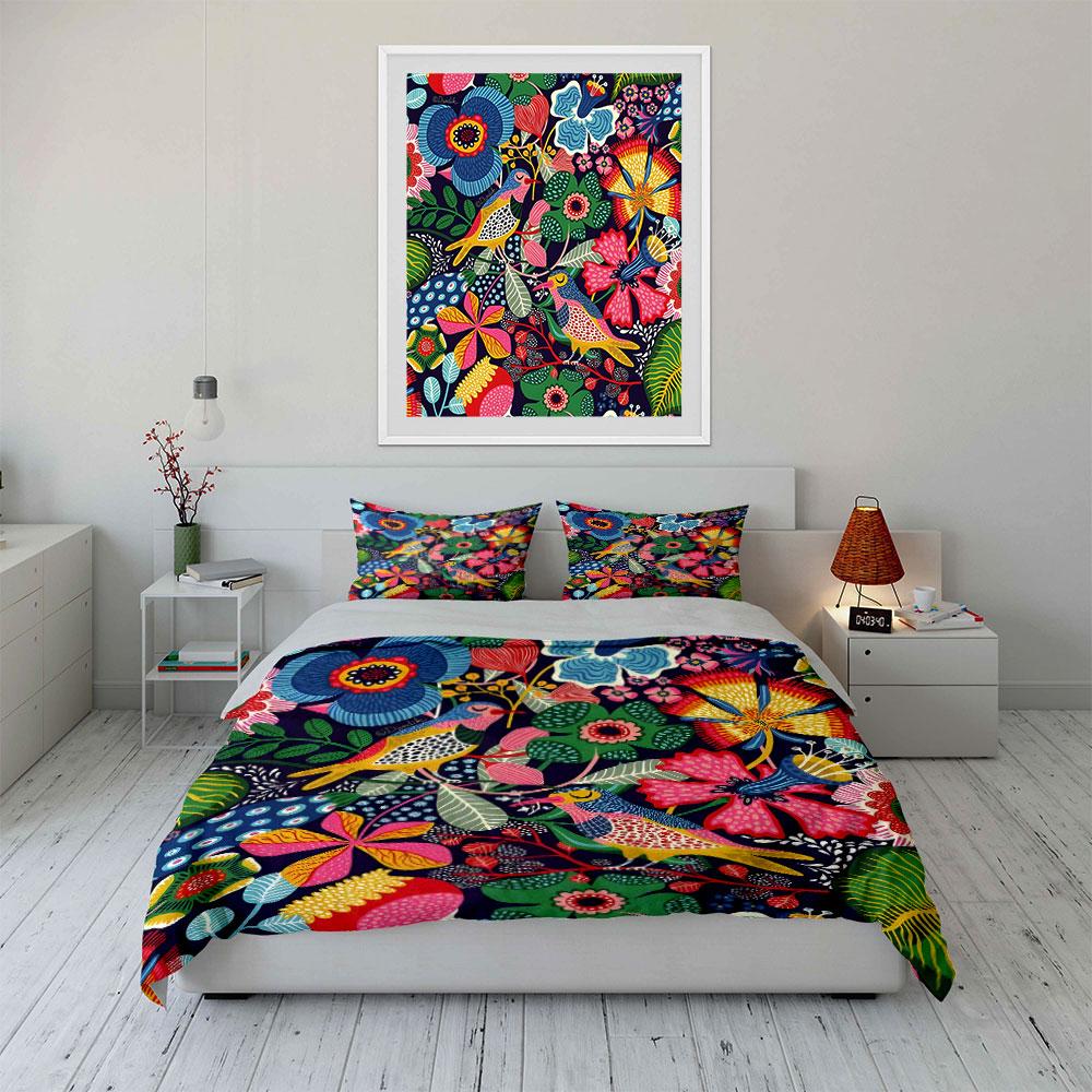 Colorful Floral And Bird Design Set Exquisite Three-Piece Bedding Set Gift For Kids And Adults