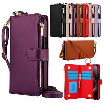 Kartensteckplätze Reißverschluss Leder Geldbörse Hülle Klapphandyhülle für Für Iphone 17 Air 16 15 14 13 12 11 Pro Max Plus Promax Ring Lanyard Geldbörse