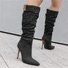 Fashion Women's Autumn and Winter New Pleated High-heeled Short Boots Pointed Zip Knee-length Boots Women's 34-50 Large Mid Length Boots